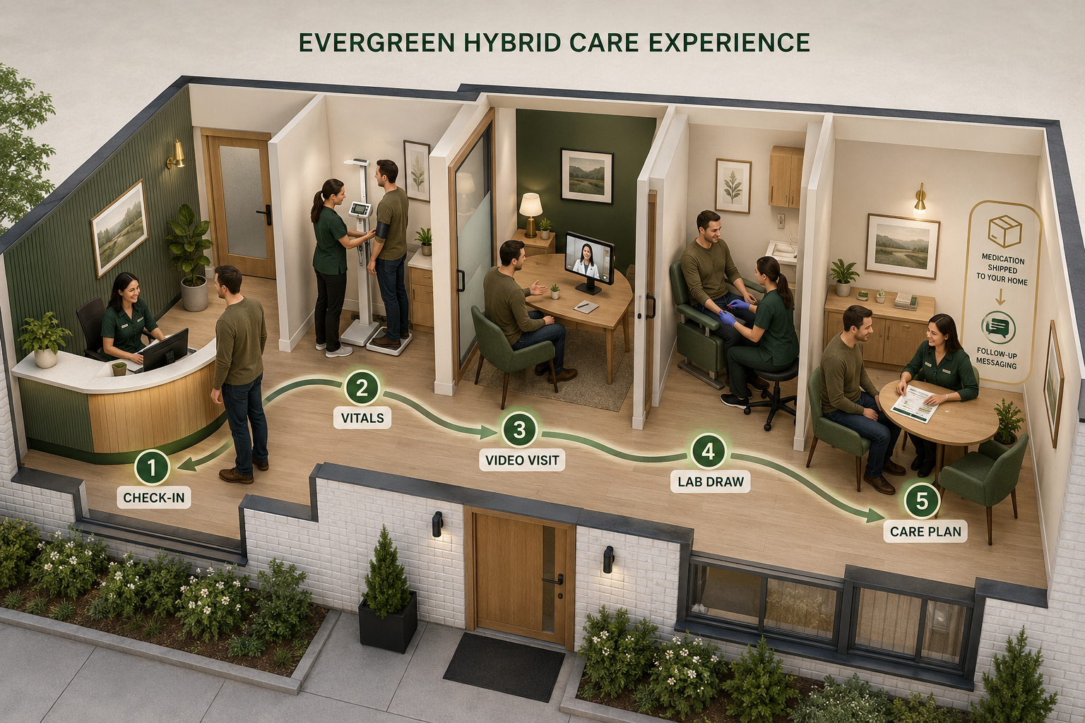 Cutaway illustration of the Evergreen clinic showing the five-step hybrid care path: check-in, vitals, telehealth video visit, on-site lab draw, and care plan review, with medication shipped home and follow-up messaging