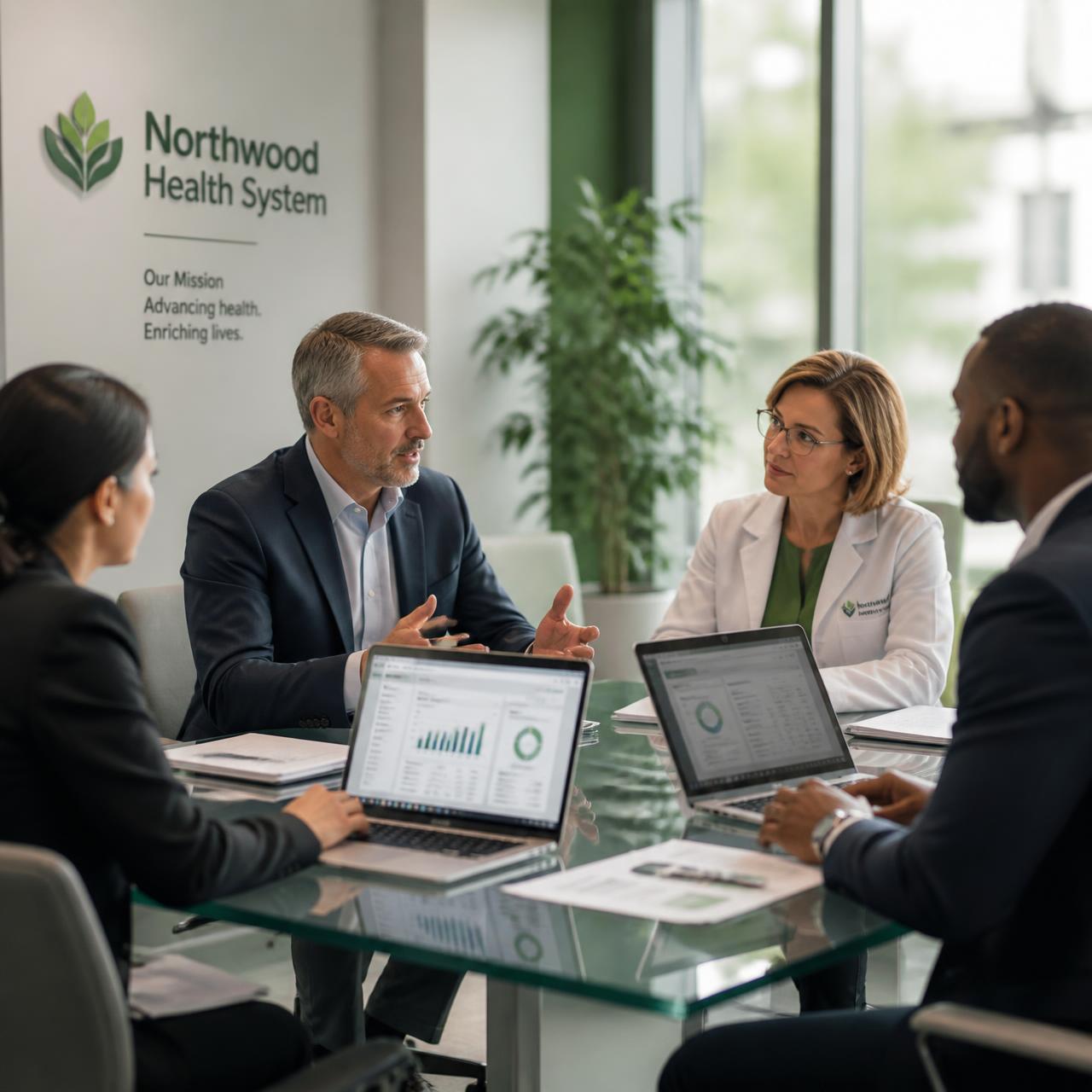 Healthcare executives reviewing performance dashboards together in a hospital administration office
